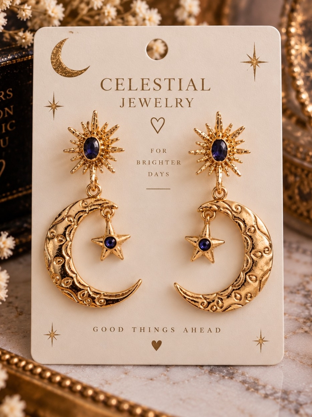 Gold Tone Moon Star & Sunburst Drop Dangle Earrings with Blue Stone New